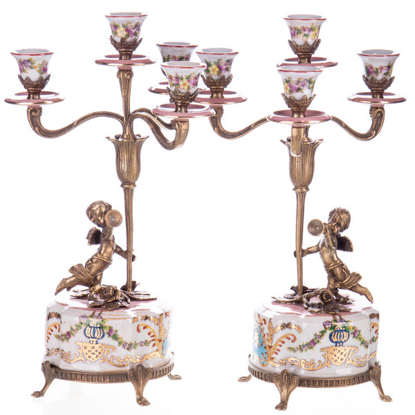 2x Kerzenleuchter ~ Porzellan mit Bronze im Jugendstil ~ 31x18x18cm