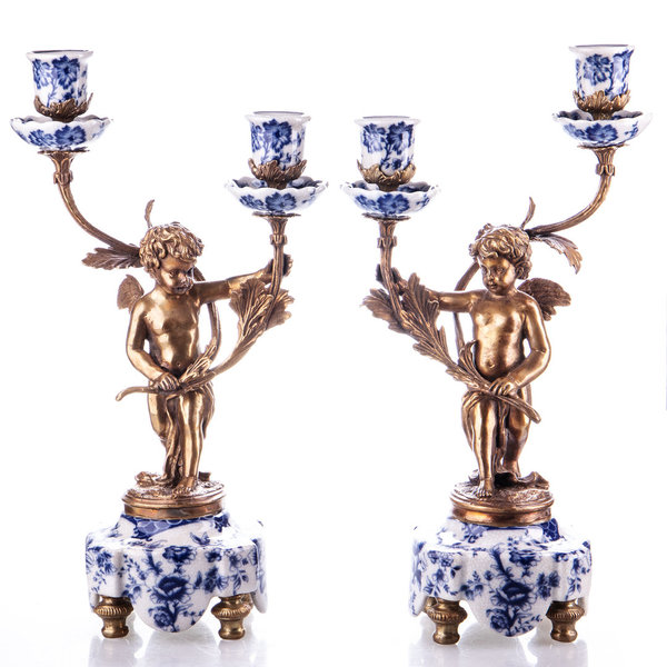 2x Kerzenleuchter ~ Porzellan mit Bronze im Jugendstil ~ 38x23x13cm