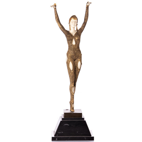 Gold/Weiße Art Deco Bronzefigur Tänzerin "Dourga" nach D.H.Chiparus ~ 65x21x12cm